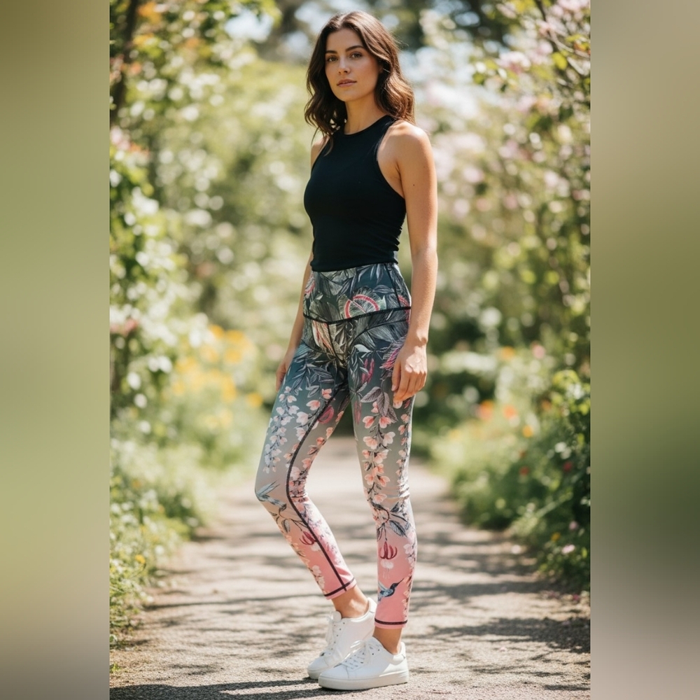 Yoga Democracy Floral Ombre High-Rise Leggings in Green and Pink